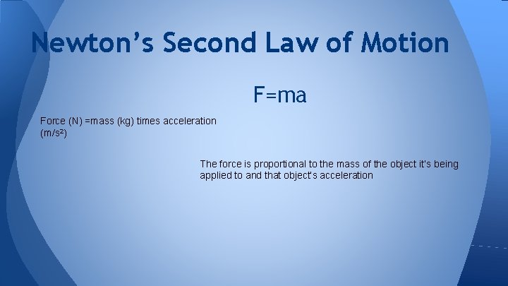 Newton’s Second Law of Motion F=ma Force (N) =mass (kg) times acceleration (m/s 2)