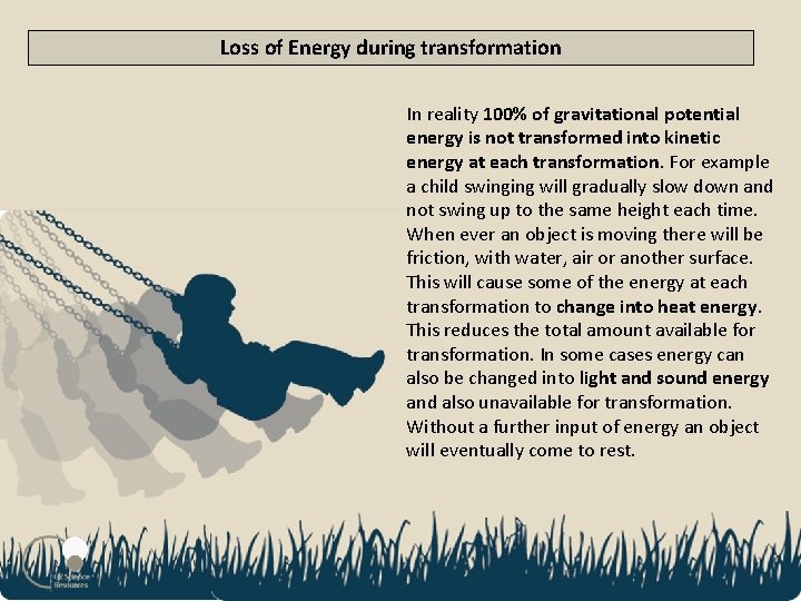 Loss of Energy during transformation In reality 100% of gravitational potential energy is not