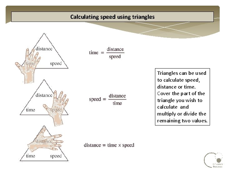 Calculating speed using triangles Triangles can be used to calculate speed, distance or time.