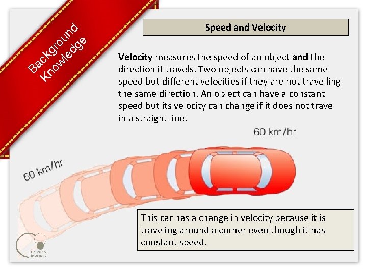 Ba Kn ck ow gro le un dg d e Speed and Velocity measures