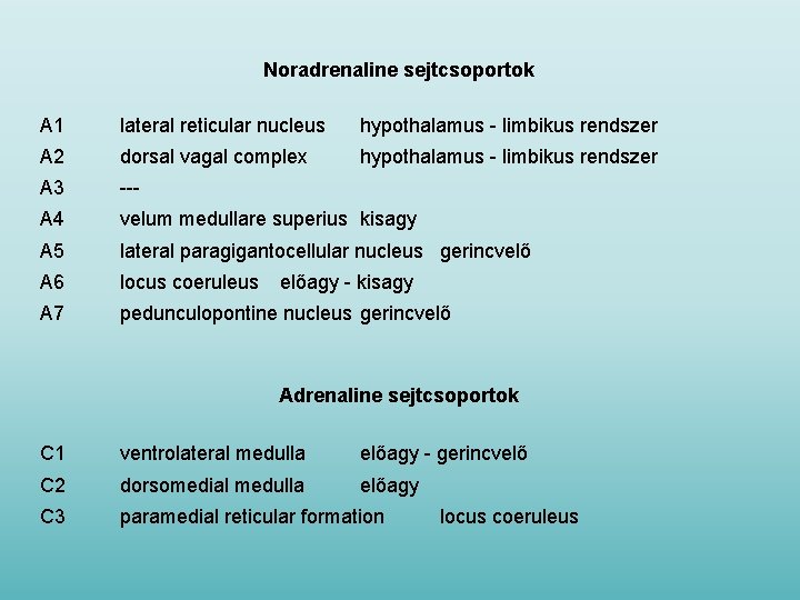 Noradrenaline sejtcsoportok A 1 lateral reticular nucleus hypothalamus - limbikus rendszer A 2 dorsal
