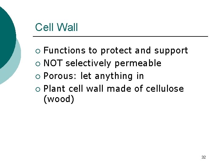 Cell Wall Functions to protect and support ¡ NOT selectively permeable ¡ Porous: let