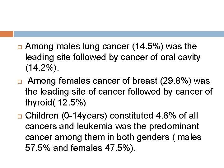  Among males lung cancer (14. 5%) was the leading site followed by cancer