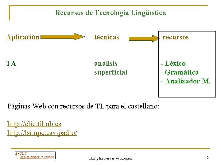 Recursos de Tecnología Lingüística Aplicación técnicas recursos TA análisis superficial - Léxico - Gramática