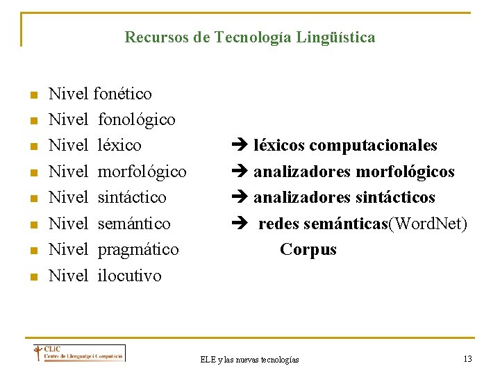Recursos de Tecnología Lingüística n n n n Nivel fonético Nivel fonológico Nivel léxico