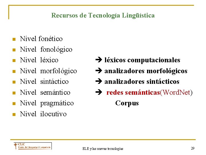 Recursos de Tecnología Lingüística n n n n Nivel fonético Nivel fonológico Nivel léxico