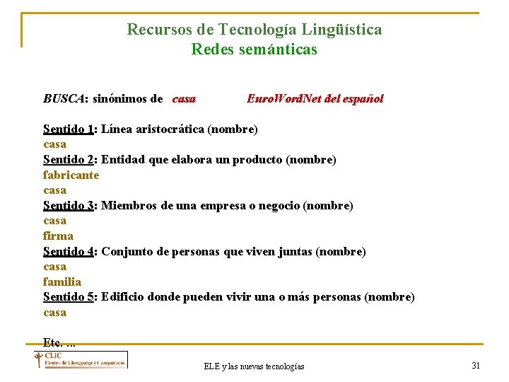 Recursos de Tecnología Lingüística Redes semánticas BUSCA: sinónimos de casa Euro. Word. Net del