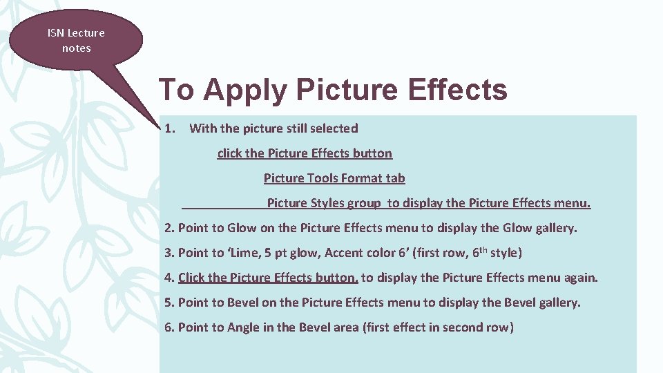 ISN Lecture notes To Apply Picture Effects 1. With the picture still selected click