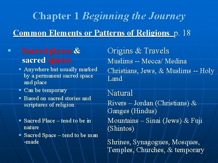 Chapter 1 Beginning the Journey Common Elements or Patterns of Religions p. 18 §