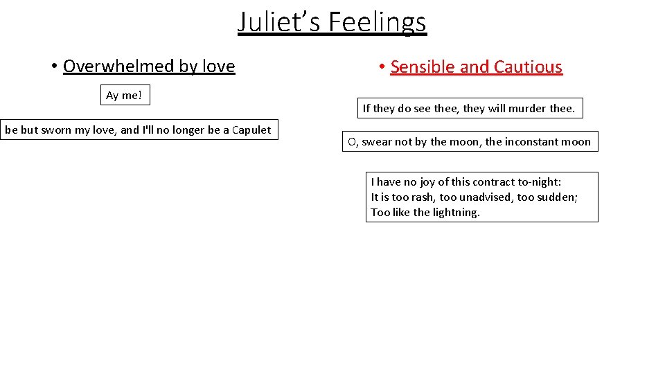 Juliet’s Feelings • Overwhelmed by love Ay me! be but sworn my love, and