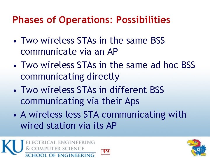 Phases of Operations: Possibilities • Two wireless STAs in the same BSS communicate via