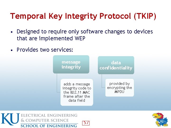 Temporal Key Integrity Protocol (TKIP) • Designed to require only software changes to devices