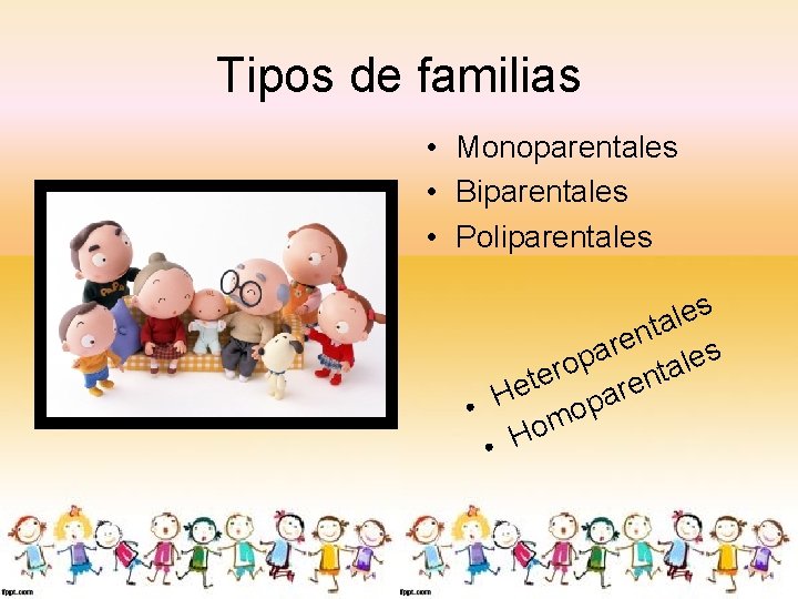 Tipos de familias • Monoparentales • Biparentales • Poliparentales s e l a t