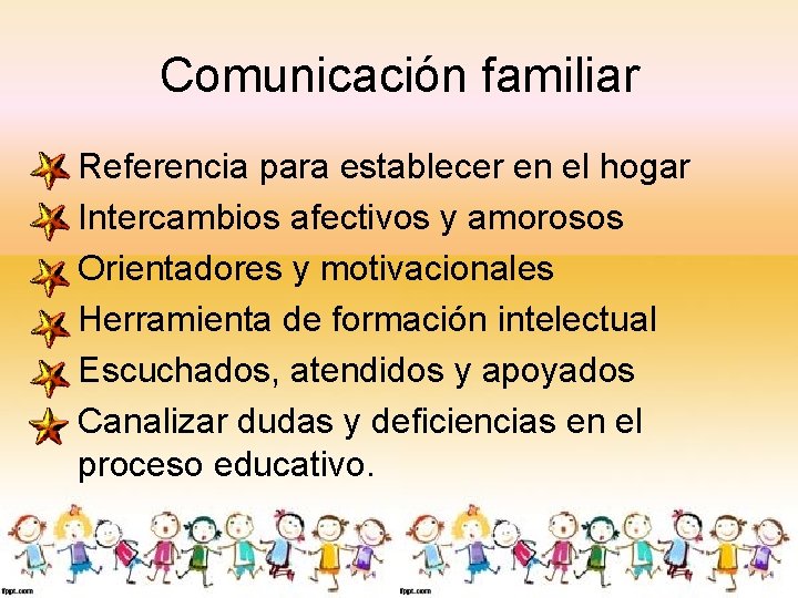 Comunicación familiar • • • Referencia para establecer en el hogar Intercambios afectivos y