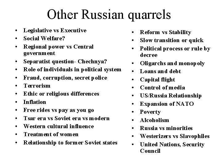 Other Russian quarrels • Legislative vs Executive • Social Welfare? • Regional power vs