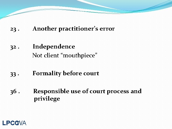 23. Another practitioner’s error 32. Independence Not client “mouthpiece” 33. Formality before court 36.