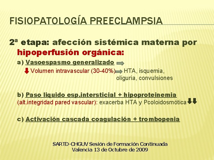FISIOPATOLOGÍA PREECLAMPSIA 2ª etapa: afección sistémica materna por hipoperfusión orgánica: a) Vasoespasmo generalizado Volumen FISIOPATOLOGÍA PREECLAMPSIA 2ª etapa: afección sistémica materna por hipoperfusión orgánica: a) Vasoespasmo generalizado Volumen