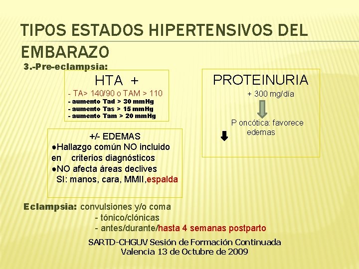 TIPOS ESTADOS HIPERTENSIVOS DEL EMBARAZO 3. -Pre-eclampsia: HTA + - TA> 140/90 o TAM TIPOS ESTADOS HIPERTENSIVOS DEL EMBARAZO 3. -Pre-eclampsia: HTA + - TA> 140/90 o TAM