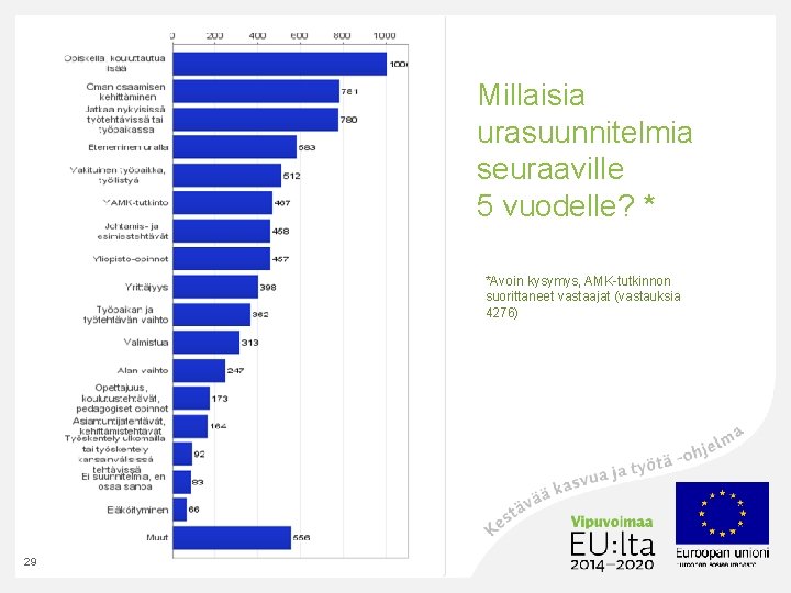 Millaisia urasuunnitelmia seuraaville 5 vuodelle? * *Avoin kysymys, AMK-tutkinnon suorittaneet vastaajat (vastauksia 4276) 29