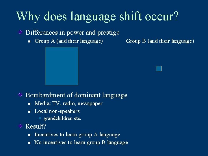 Why does language shift occur? Differences in power and prestige n Group A (and