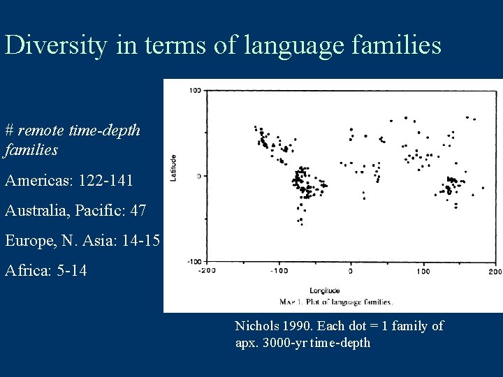 Diversity in terms of language families # remote time-depth families Americas: 122 -141 Australia,
