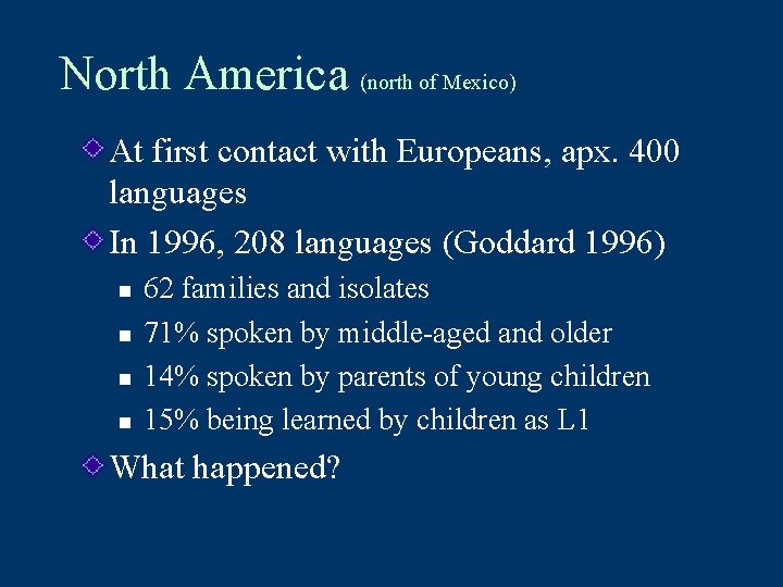 North America (north of Mexico) At first contact with Europeans, apx. 400 languages In