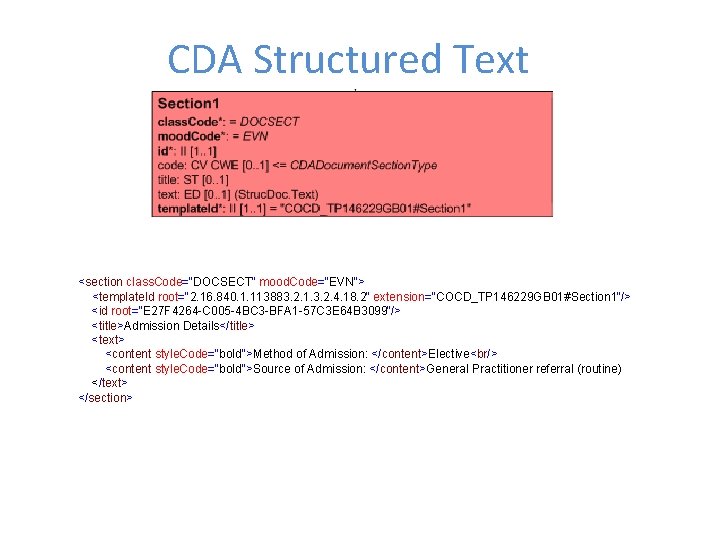 CDA Structured Text <section class. Code="DOCSECT" mood. Code="EVN"> <template. Id root="2. 16. 840. 1.