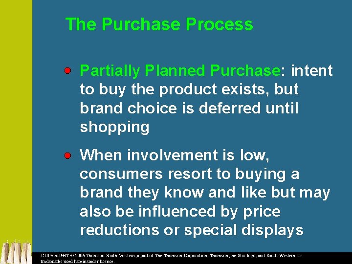 The Purchase Process Partially Planned Purchase: intent to buy the product exists, but brand