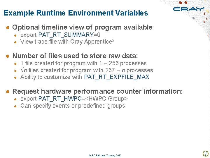 Example Runtime Environment Variables ● Optional timeline view of program available ● export PAT_RT_SUMMARY=0