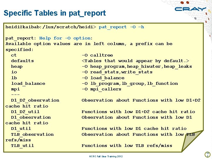 Specific Tables in pat_report heidi@kaibab: /lus/scratch/heidi> pat_report -O –h pat_report: Help for -O option: