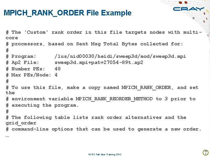 MPICH_RANK_ORDER File Example # The 'Custom' rank order in this file targets nodes with