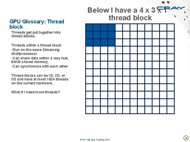 GPU Glossary: Thread block Below I have a 4 x 3 x 1 thread