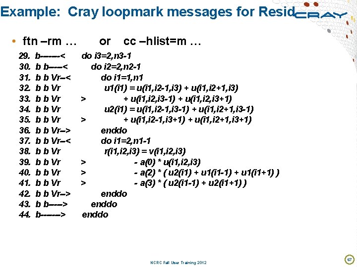 Example: Cray loopmark messages for Resid • ftn –rm … or cc –hlist=m …