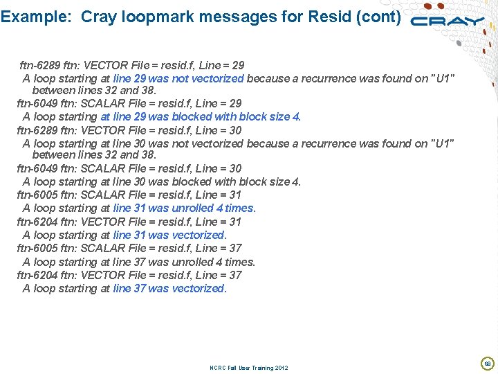Example: Cray loopmark messages for Resid (cont) ftn-6289 ftn: VECTOR File = resid. f,