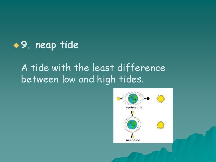 u 9. neap tide A tide with the least difference between low and high