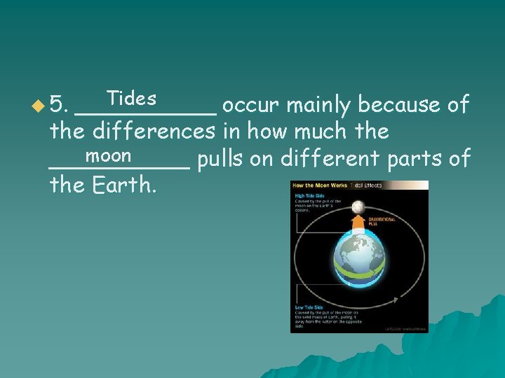 Tides _____ occur mainly because of the differences in how much the moon _____