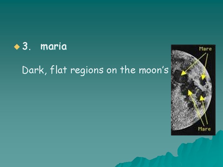 u 3. maria Dark, flat regions on the moon’s surface. 