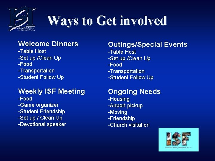 Ways to Get involved Welcome Dinners -Table Host -Set up /Clean Up -Food -Transportation