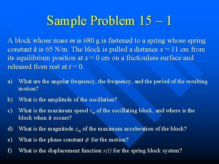 Sample Problem 15 – 1 A block whose mass m is 680 g is