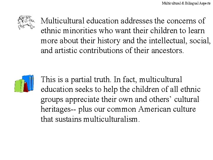 Multicultural & Bilingual Aspects Multicultural education addresses the concerns of ethnic minorities who want