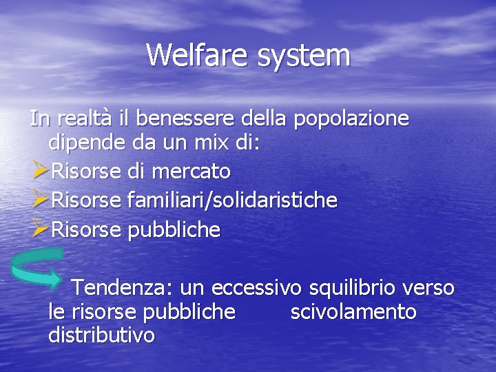 Welfare system In realtà il benessere della popolazione dipende da un mix di: ØRisorse