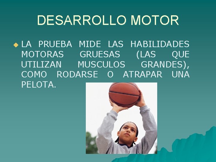 DESARROLLO MOTOR u LA PRUEBA MIDE LAS HABILIDADES MOTORAS GRUESAS (LAS QUE UTILIZAN MUSCULOS