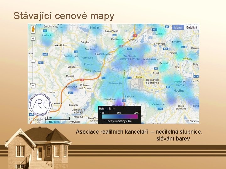 Stávající cenové mapy Asociace realitních kanceláří – nečitelná stupnice, slévání barev 