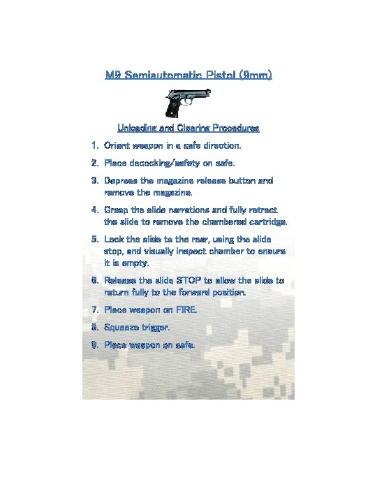 Unloading and Clearing Procedures 1. Orient weapon in a safe direction. 2. Place decocking/safety Unloading and Clearing Procedures 1. Orient weapon in a safe direction. 2. Place decocking/safety