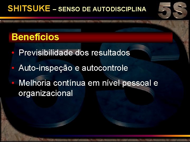 SHITSUKE – SENSO DE AUTODISCIPLINA Benefícios • Previsibilidade dos resultados • Auto-inspeção e autocontrole