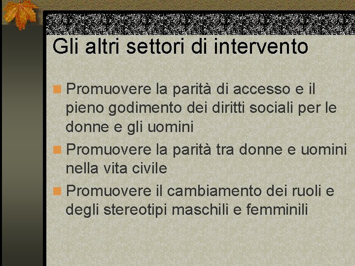 Gli altri settori di intervento n Promuovere la parità di accesso e il pieno