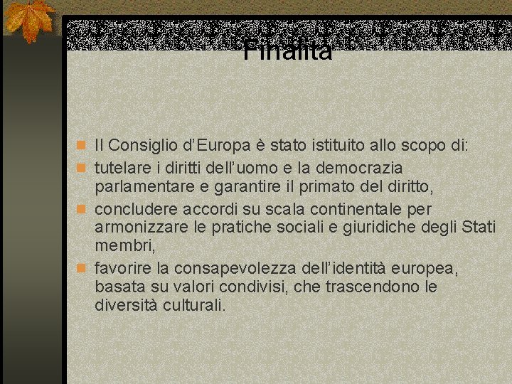 Finalità n Il Consiglio d’Europa è stato istituito allo scopo di: n tutelare i