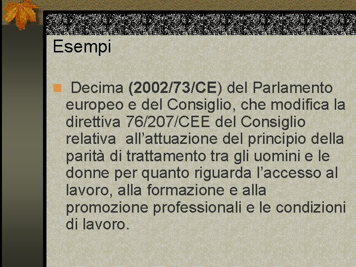 Esempi n Decima (2002/73/CE) del Parlamento europeo e del Consiglio, che modifica la direttiva