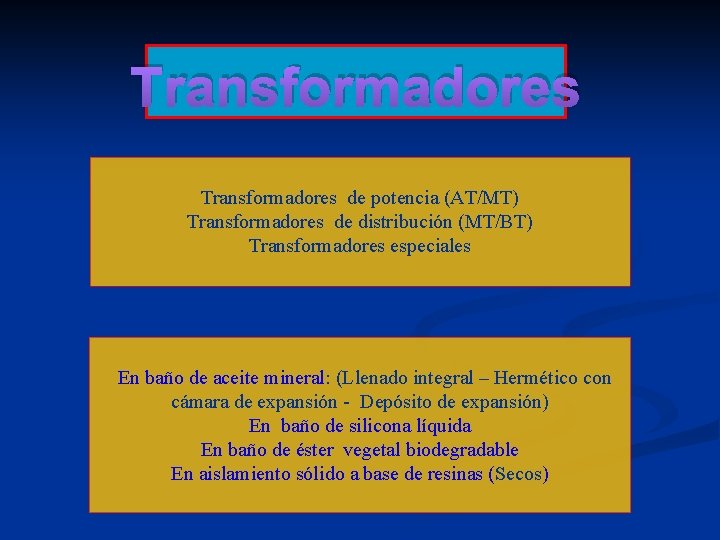 Transformadores de potencia (AT/MT) Transformadores de distribución (MT/BT) Transformadores especiales En baño de aceite