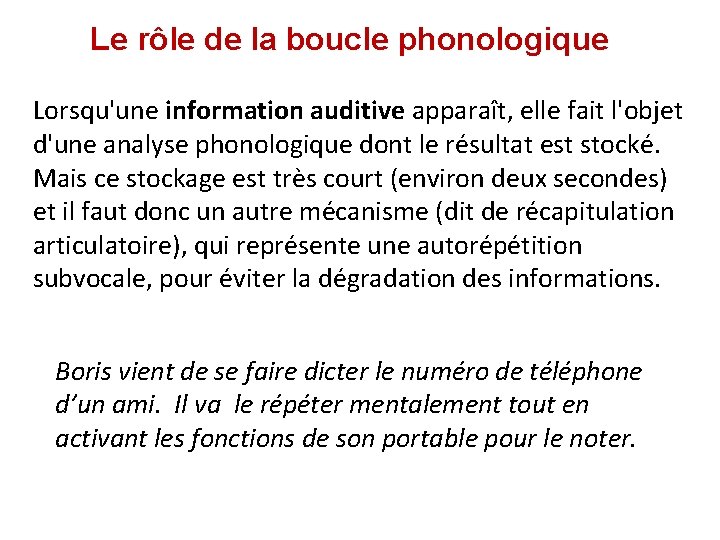 Le rôle de la boucle phonologique Lorsqu'une information auditive apparaît, elle fait l'objet d'une